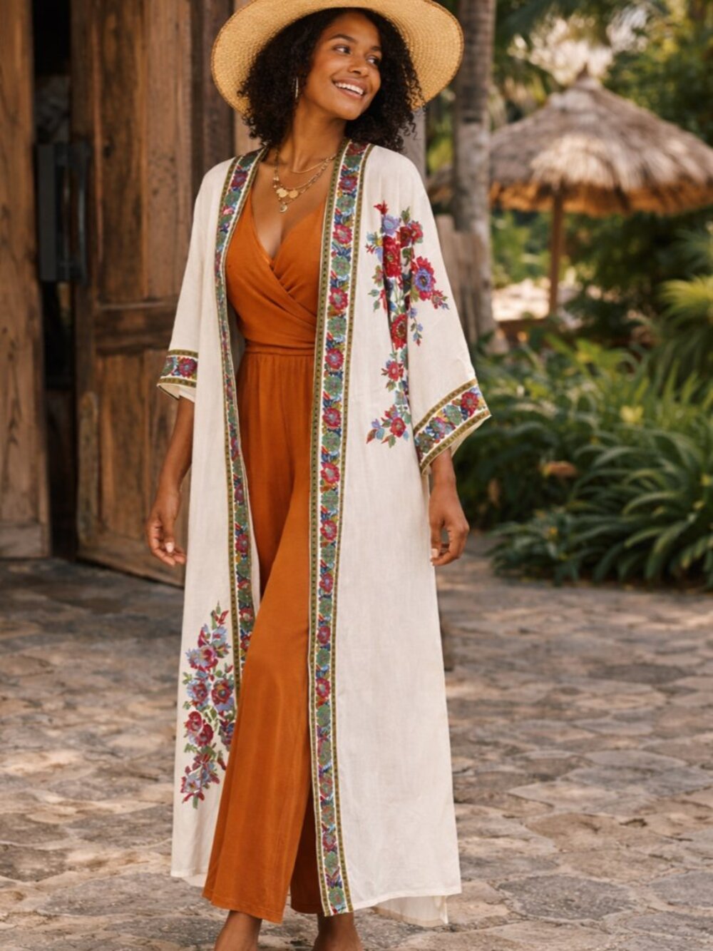 SAACHI Floral Kimono Duster Longline Cover Up Ivory OS